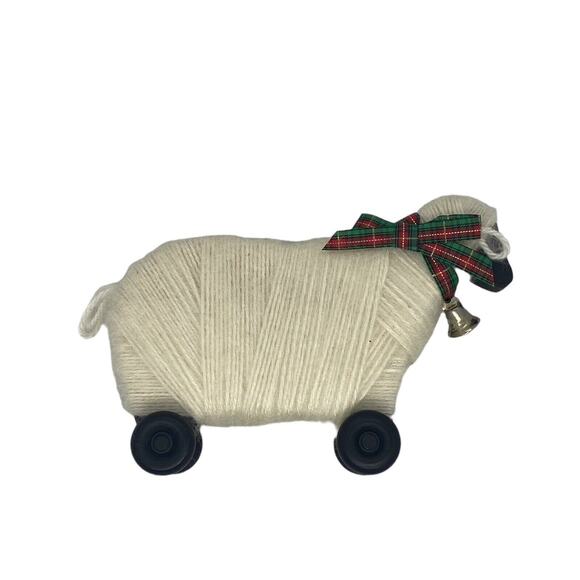 Primitive Wooly Lamb Sheep Holiday Figurine on Wheels Wood Body Bell Bow Vintage - Picture 11 of 15